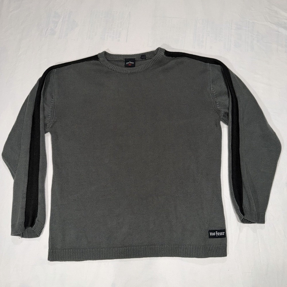 VINTAGE  No Fear Sweater Adult XL Gray BLACK Striped Cotton Knit Crew Neck